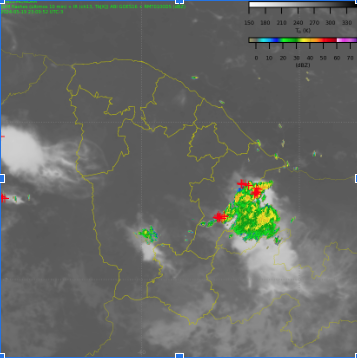 Imagem de radar mostra chuva e presença de raios em Jaguaribe entre noite de domingo e a madrugada desta segunda (FOTO: Reprodução/Funceme)