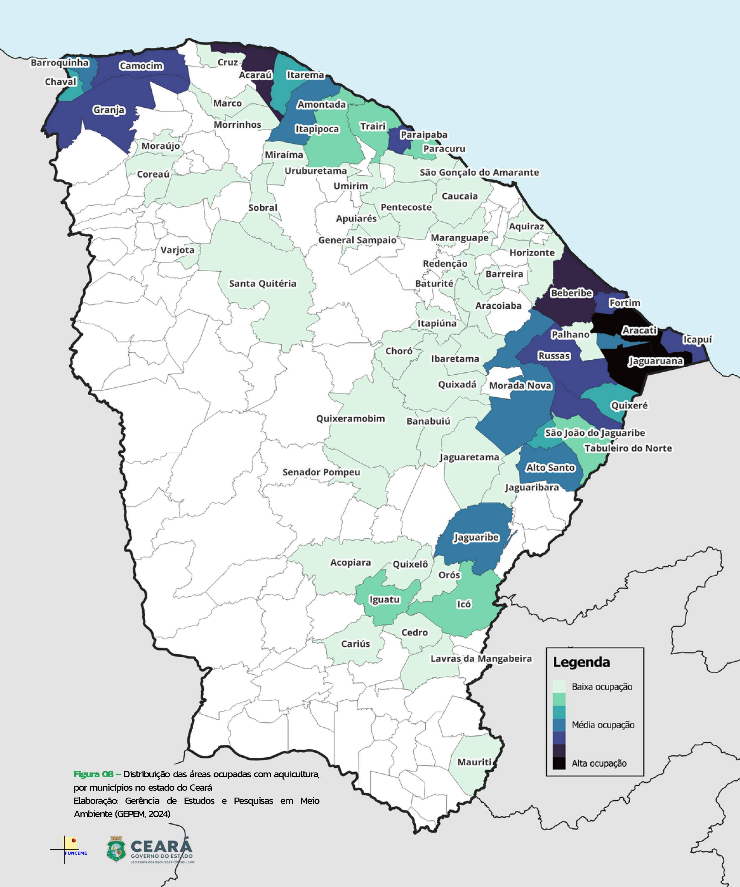 Áreas ocupadas com aquicultura no Ceará (IMAGEM: Funceme)